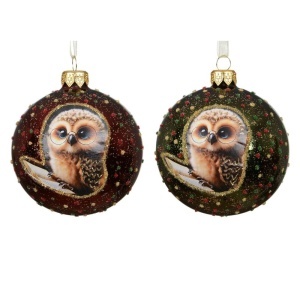 Set 2 x Globuri de Crăciun din sticlă cu bufniță, diametru 8 cm, roșu bordo sau verde, cu sclipici, inspirat din lumea Harry Potter, pentru brad