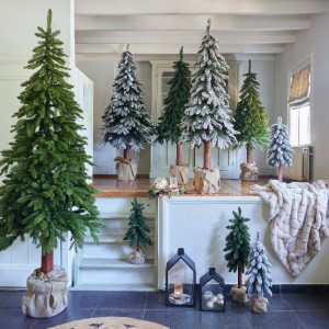 Brad artificial Canadian Frost, 180 cm, trunchi înalt din lemn natural 100% FSC, ace 3D, diametru 85 cm, cu zăpadă