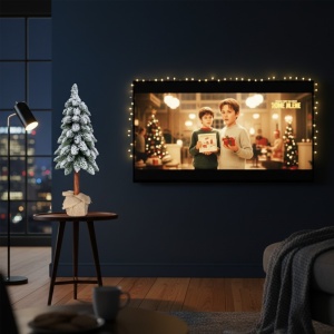 Brad artificial Canadian Frost, 80 cm, trunchi înalt din lemn natural 100% FSC, ace 3D, diametru 30 cm, cu zăpadă