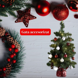 Brad artificial împodobit Buha, 50 cm, 4 combinații de accesorii incluse, instalație LED cu 20 lumini incluse, 54 ramuri