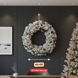 Coroniță de Crăciun imperială cu 100 LED-uri, aspect nins, 90 x 10 centimetri, lumină caldă, alimentare baterii, albverde, timer