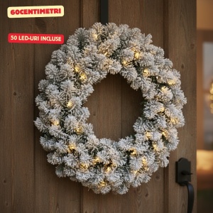 Coroniță de Crăciun imperială cu 50 LED-uri, aspect nins, 60 x 8 centimetri, lumină caldă, alimentare baterii, albverde, timer