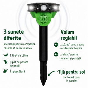 Dispozitiv anti păsări cu 3 tipuri de sunete ( lătrat de câine, pasăre de pradă, împușcătură), volum reglabil, senzor de mișcare, lumină LED