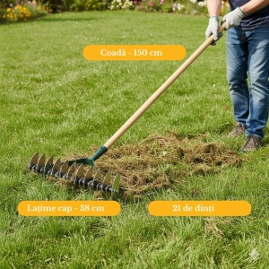 Greblă pentru scarificat aerat gazonul Buha ProRake, lățime 38 cm, mâner lemn inclus, oțel, 21 dinți, scarificator manual