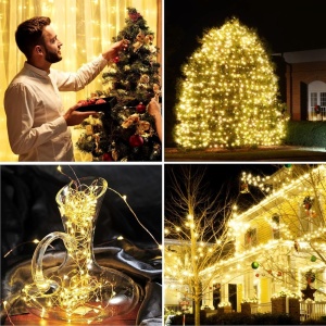 Instalație brad solară pentru Crăciun cu LED-uri, 10 metri, lumină caldă, cablu negru, 2 funcții, 100 LED-uri, IP-44, pentru exterior, panou solar