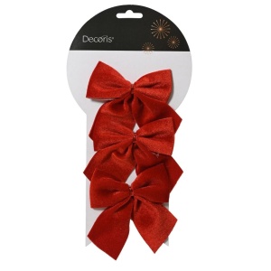 Set 3 x Fundițe decorative de Crăciun pentru brad, roșii, aspect catifelat, 10 cm