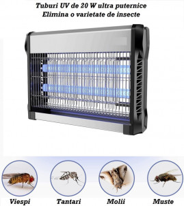 Aparat anti insecte anti țânțari, anti muște, anti molii, 2 tuburi cu ultraviolete UV, 20 W, acoperire 80 mp2, montaj pe podea sau tavan ( PRODUS RESIGILAT )