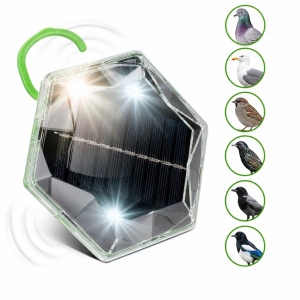 Aparat anti păsări cu ultrasunete și 2 x LED-uri, 150 m², panou solar, frecvență 24–65 kHz, acoperire 360°