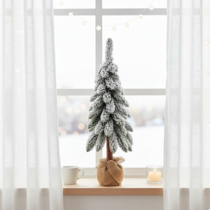Brad artificial Canadian Frost, 65 cm, trunchi înalt din lemn natural 100% FSC, ace 3D, diametru 25 cm, cu zăpadă