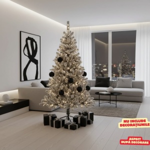 Brad artificial frosted Oslo, aspect nins, 210 centimetri, 458 crengute, aspect 3D, PVC, suport metalic