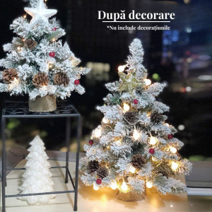 Brad de Craciun artificial BUHA®, decorat cu conuri de pin, zapada si baza de lemn cu iuta naturala, 50 cm inaltime