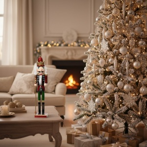 Decorațiune de Crăciun The Nutcracker autenic, figurină Spărgător de nuci, cu sceptru 100 % lemn FSC, 38 centimetri