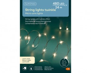 Instalație brad Crăciun cu micro LED-uri, 2395 cm, lumină caldă, cablu argintiu/transparent, 8 funcții, timer, 480 LED-uri, IP-44, pentru interior/exterior, alimentare 230 V