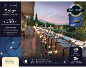 Instalație brad solară pentru Crăciun cu LED-uri, 9 metri, lumină caldă, cablu negru, 8 funcții, 120 LED-uri, IP-44, pentru exterior, panou solar
