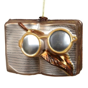 Ornament de Crăciun din sticlă, Carte Magică cu ochelari aurii, 10 cm, pentru brad