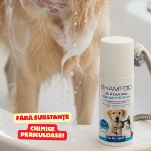 Șampon antiparazitare câini și pisici, 200 ml, protecție 3 săptămâni, purici, capușe, pentru ouă, larve, și adulți, fără substanțe chimice periculoase