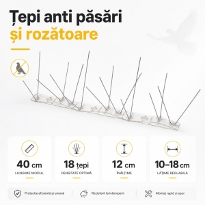 Țepi anti păsări și porumbei, 40 cm, 18 țepi metalici galvanizați, lățime reglabilă 10–18 cm