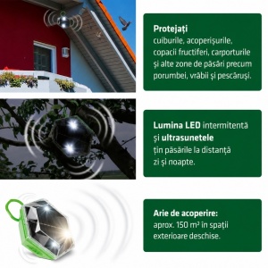 Aparat anti păsări cu ultrasunete și 2 x LED-uri, 150 m²,  panou solar, frecvență 24–65 kHz, acoperire 360°