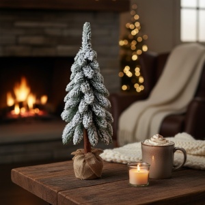 Brad artificial Canadian Frost, 65 cm, trunchi înalt din lemn natural 100% FSC, ace 3D, diametru 25 cm, cu zăpadă