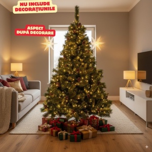 Brad artificial cu conuri de brad premium Buha ®, 667crengute, cu suport metalic, 180 cm, 3 parti, diametru 107 cm, verde