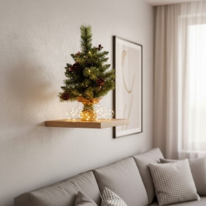 Brad de Craciun artificial, decorat cu conuri de pin, fructe de padure si baza de lemn cu iuta naturala, 50 cm inaltime
