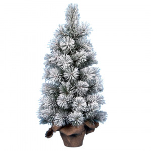 Brad de Crăciun artificial, decorat cu zăpadă, baza de lemn cu iută naturală, 90 cm înălțime, aspect natural