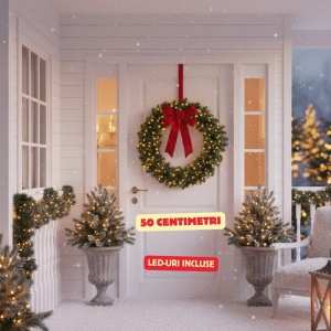 Coroniță de Crăciun imperială cu LED-uri, aspect natural, 50 x 13 centimetri, lumină caldă, alimentare baterii, verde, timer