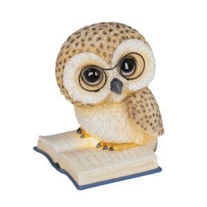 Figurină decorativă de Crăciun cu LED, Bufniță Magică pe carte, cu ochelari, 24,5 cm, lumină caldă