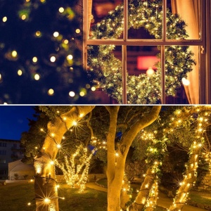 Instalație brad solară pentru Crăciun cu LED-uri, 9 metri, lumină caldă, cablu negru, 8 funcții, 120 LED-uri, IP-44, pentru exterior, panou solar