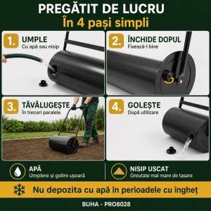 Tăvălug gazon și grădină profesional 61 litri, dimensiune 80 x 28 cm, umplere apă/nisip, oțel inoxidabil, pentru nivelare gazon, negru