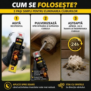 Spray insecticid anti viespi și gărgăuni 4Hornet, 750 ml, jet până la 3 m, pentru cuiburi, interior și exterior