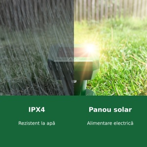 Aparat anti cârtițe și șoareci de câmp cu ultrasunete, alimentare solară, acoperire 700 m², panou solar, certificare IPX4, 25.5 centimetri, cu înșurubare