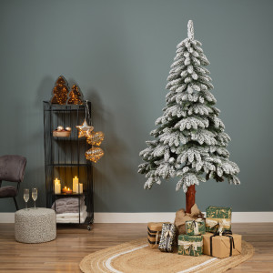 Brad artificial Canadian Frost, 180 cm, trunchi înalt din lemn natural 100% FSC, ace 3D, diametru 85 cm, cu zăpadă