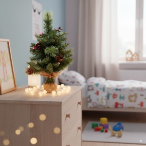 Brad de Craciun artificial, decorat cu conuri de pin, fructe de padure si baza de lemn cu iuta naturala, 50 cm inaltime