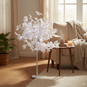 Copac Artar decorativ Alb, LED, 90 cm, lumina calda, craciun, gradina, casa