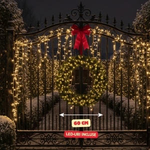 Coroniță de Crăciun imperială cu 50 LED-uri, aspect natural, 60 x 16 centimetri, lumină caldă, alimentare baterii, verde, timer