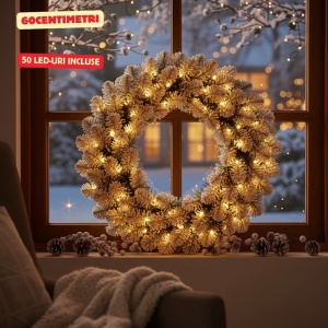 Coroniță de Crăciun imperială cu 50 LED-uri, aspect nins, 60 x 8 centimetri, lumină caldă, alimentare baterii, albverde, timer