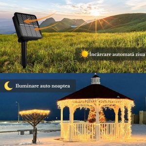 Instalație brad solară pentru Crăciun cu LED-uri, 10 metri, lumină caldă, cablu negru, 2 funcții, 100 LED-uri, IP-44, pentru exterior, panou solar