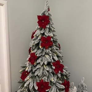 Ornament pentru bradul de Crăciun, floare brad Poinsettia, 25 centimetri, culoare OxBlood, prindere clip, sclipici