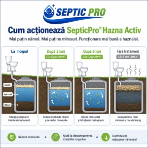 SepticPro® Hazna Activ – bioactivator pentru haznale și WC de curte, reduce mirosurile și descompune depunerile, 900 g, 60 doze, tratament 1 an