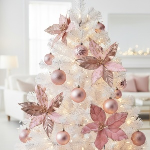Set 2 flori pentru brad de Crăciun Poinsettia, 11 cm, polyester premium, culoare roz, cu sclipici, prindere cu clip