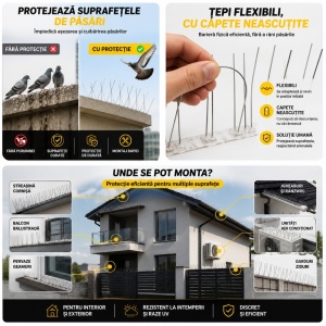Țepi anti păsări și porumbei, 40 cm, 18 țepi metalici galvanizați, lățime reglabilă 10–18 cm