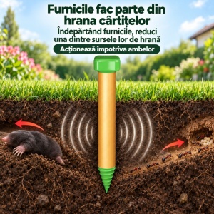 Aparat profesional anti cârtițe și furnici cu vibrații & ultrasunete, acoperire 1250 m², alimentare pe baterii 