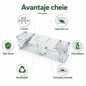 Capcană metalică cu capturare vie, 2 intrări, 82 × 17 × 20 cm – pentru jderi, dihori, nevăstuici, șobolani și animale de talie mică