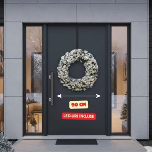 Coroniță de Crăciun imperială cu 100 LED-uri, aspect nins, 90 x 10 centimetri, lumină caldă, alimentare baterii, albverde, timer
