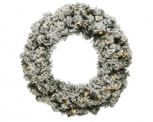Coroniță de Crăciun imperială cu 40 LED-uri, aspect nins, 50 x 8 centimetri, lumină caldă, alimentare baterii, alb/verde, timer