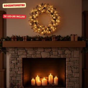 Coroniță de Crăciun imperială cu 50 LED-uri, aspect nins, 60 x 8 centimetri, lumină caldă, alimentare baterii, albverde, timer