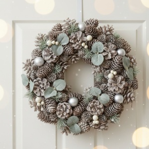 Coroniță de Crăciun Winter Elegance, diametru 34 centimetri, conuri de brad, frunze de eucalipt, perle decorative, aspect înghețat