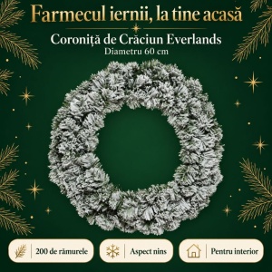 Coroniță de ușă pentru Crăciun Everlands, cu zăpadă, diametru 60 cm, 200 rămurele, din brad artificial