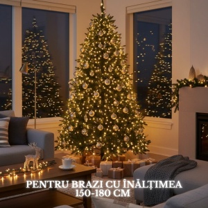 Instalație brad Crăciun, 995 cm, lumină caldă, cablu verde, 8 funcții, timer, 200 LED-uri, IP-44, pentru interiorexterior